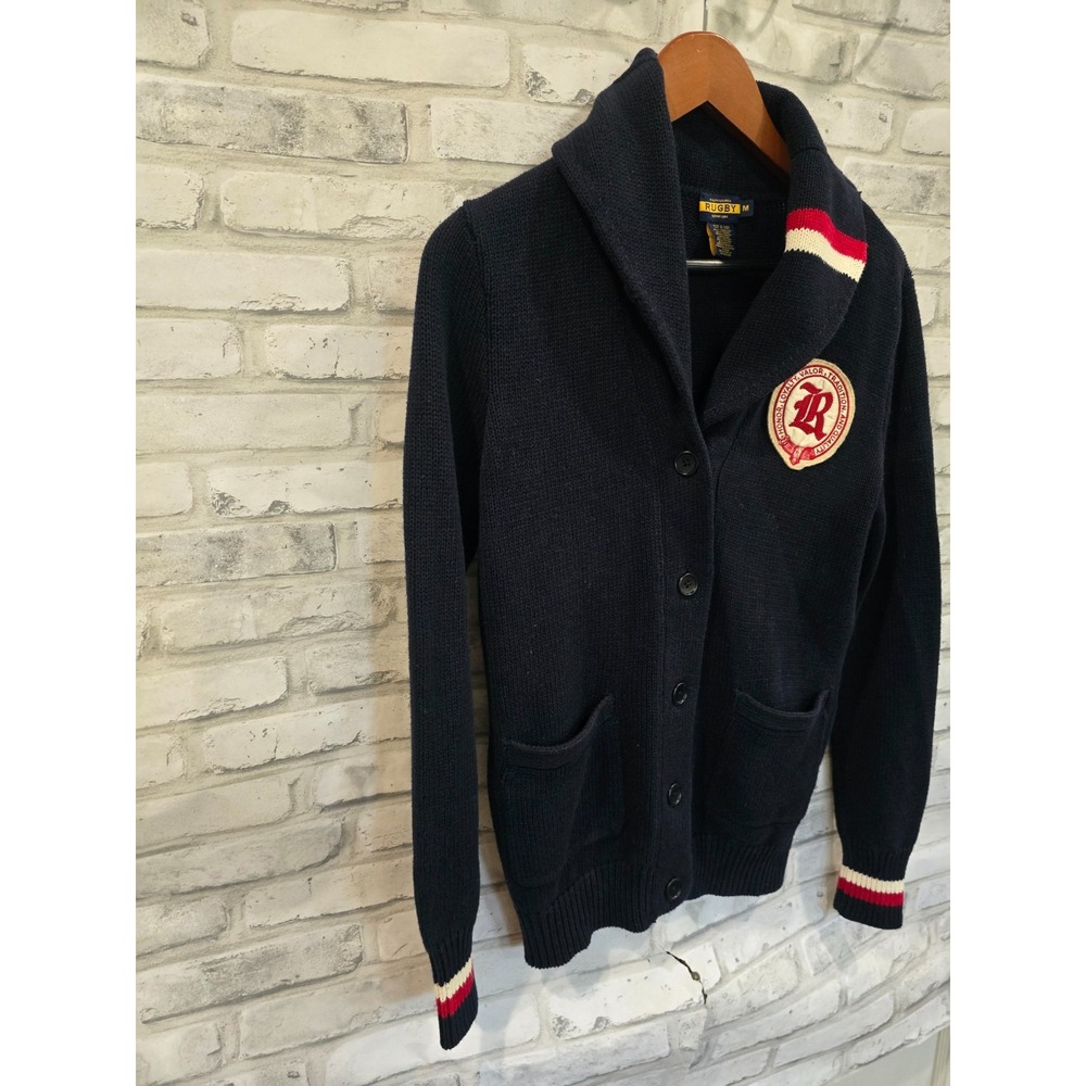 Ralph Lauren Rugby Size M Cardigan Sweater Navy Crest Linen Varsity Collegiate - Picture 9 of 11